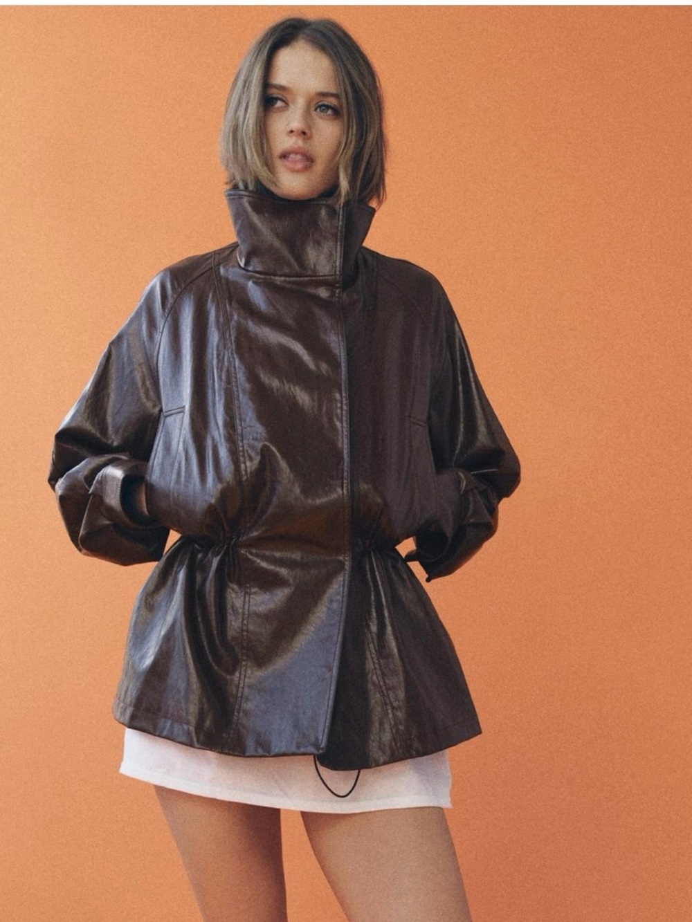 New ZARA Faux Leather Funnel Collar Jacket